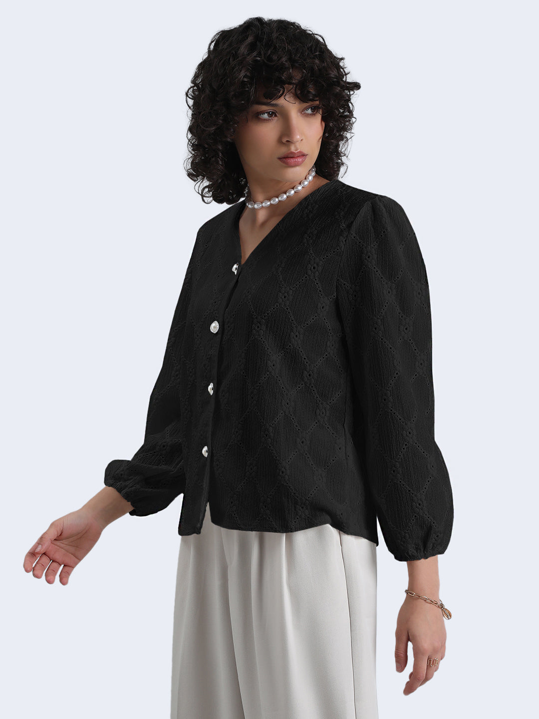 Women's Black Floral Textured V-Neck Top with Pearl Button