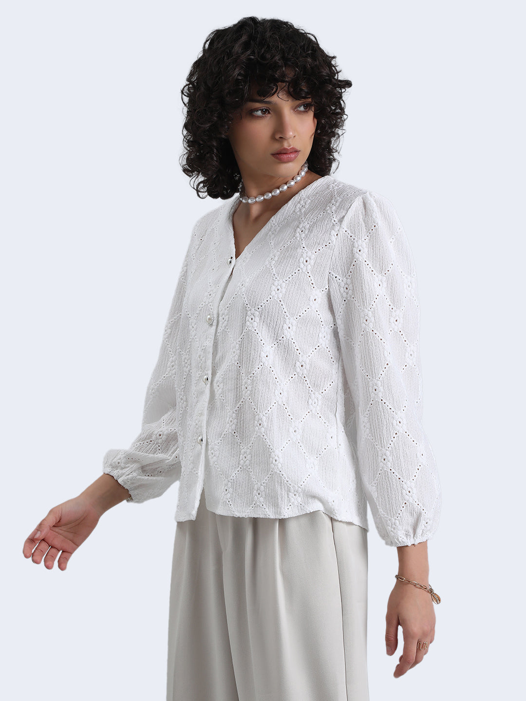 Women's White Floral Textured V-Neck Top with Pearl Button