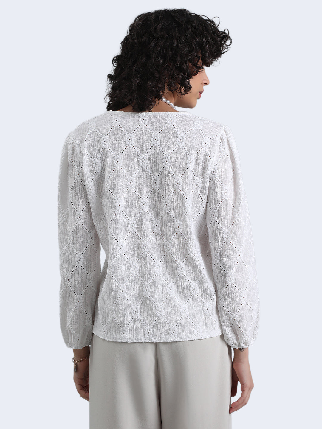 Women's White Floral Textured V-Neck Top with Pearl Button