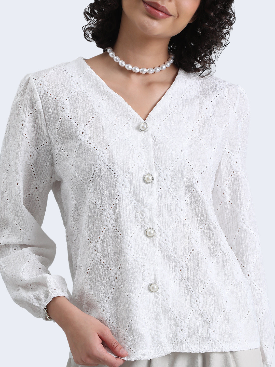 Women's White Floral Textured V-Neck Top with Pearl Button