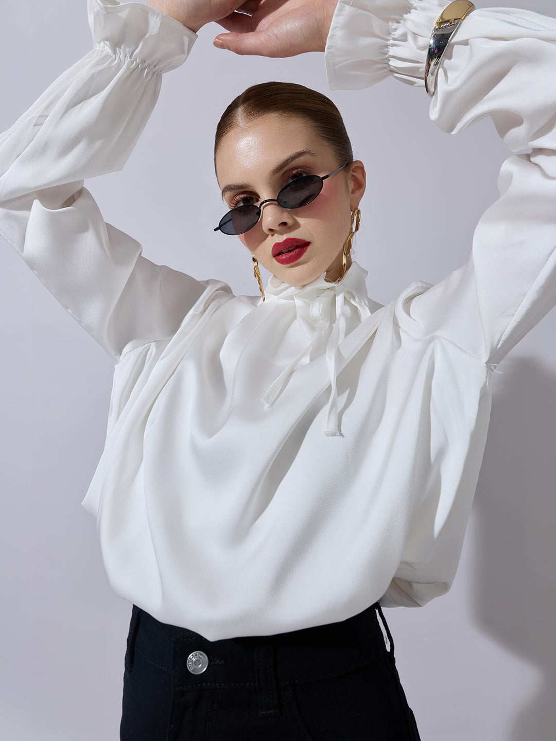 Women's White Satin Ruffled High Neck Balloon Crop Top