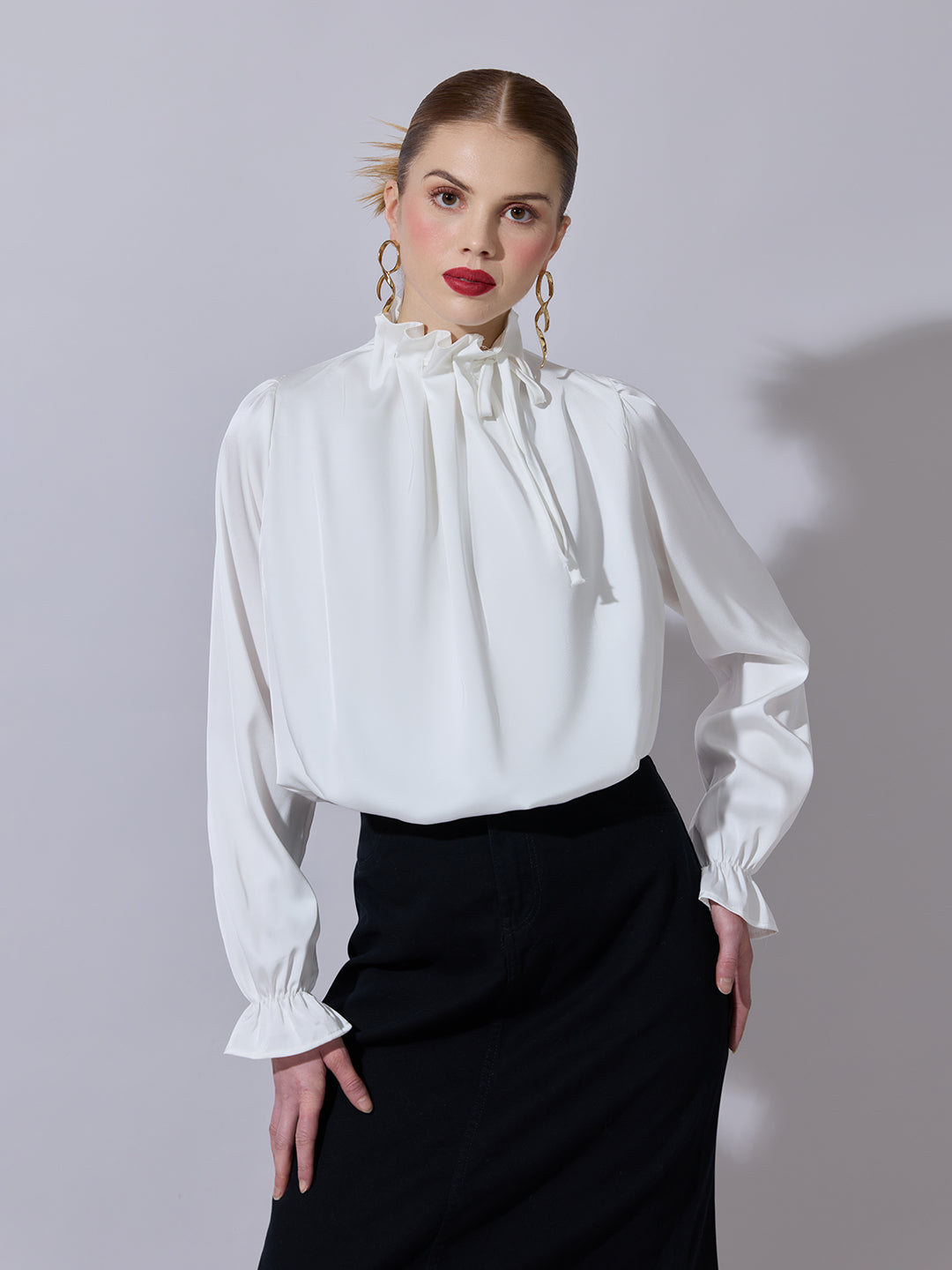 Women's White Satin Ruffled High Neck Balloon Crop Top