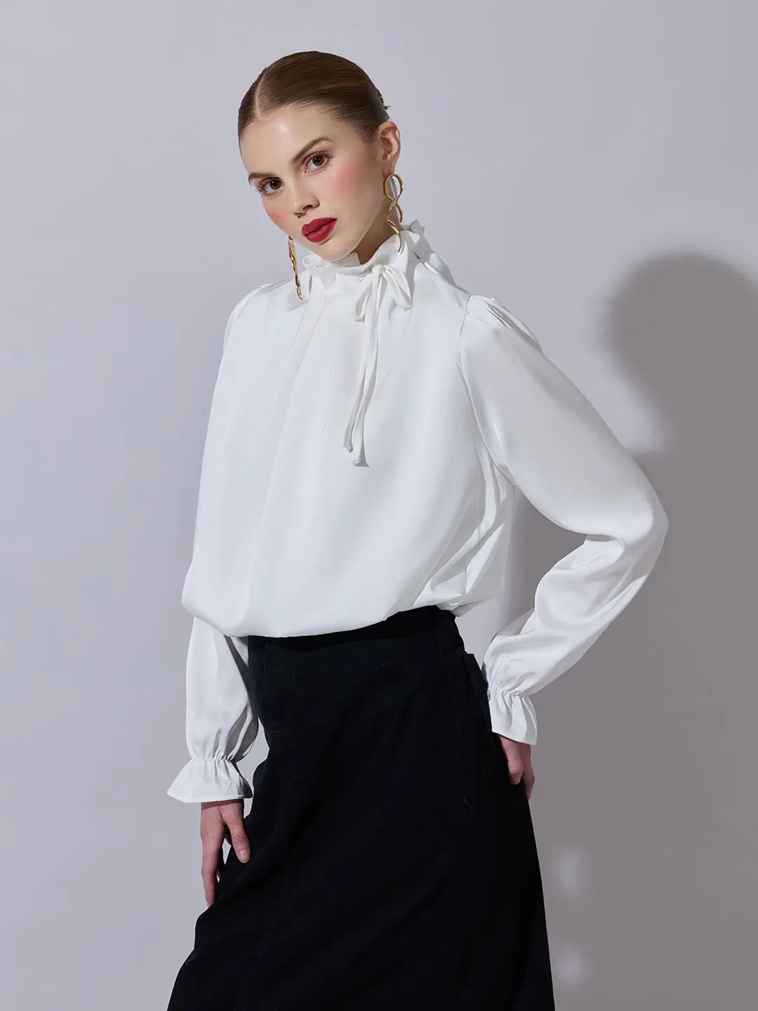 Women's White Satin Ruffled High Neck Balloon Crop Top - from SHOWOFFFF