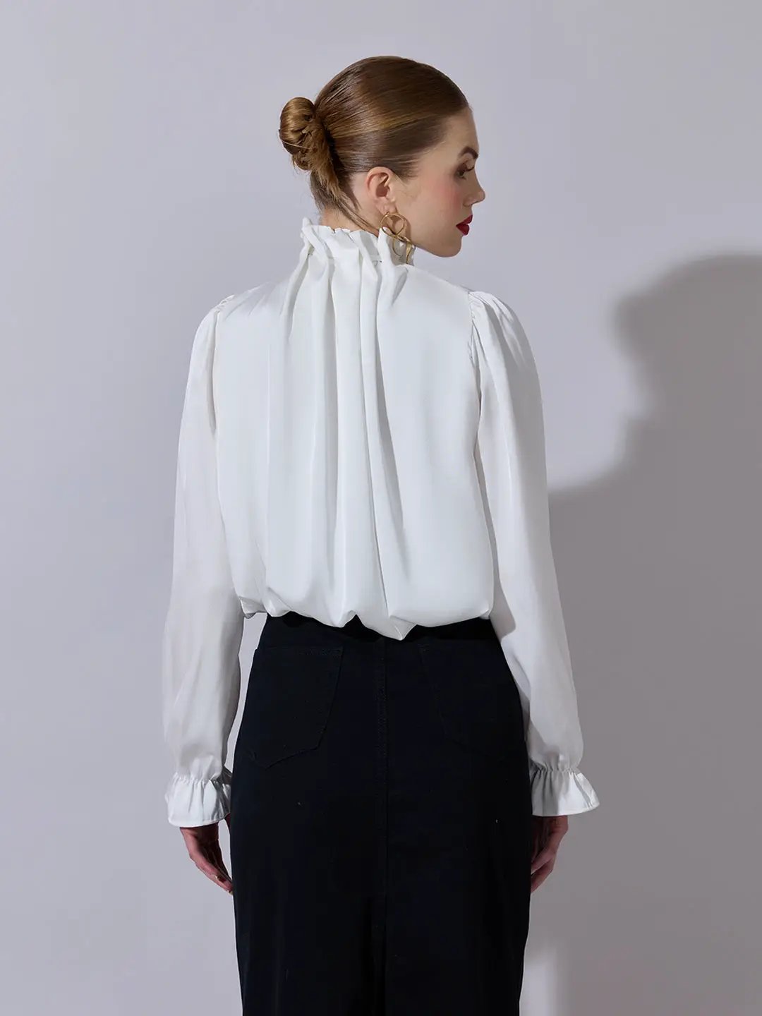 Women's White Satin Ruffled High Neck Balloon Crop Top - from SHOWOFFFF
