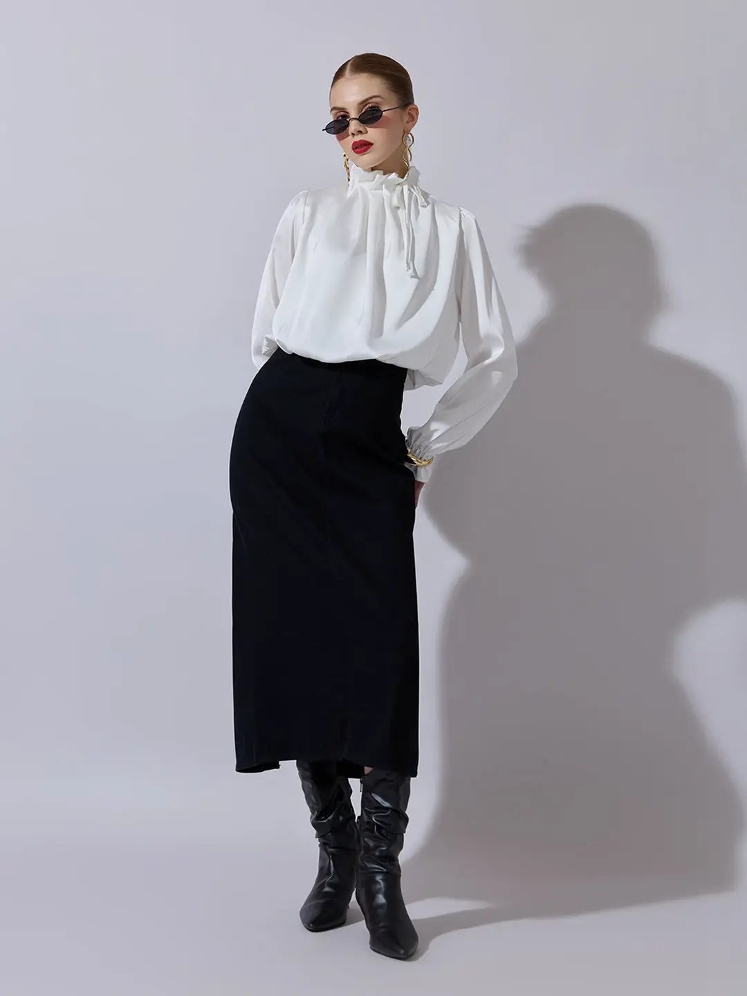Women's White Satin Ruffled High Neck Balloon Crop Top - from SHOWOFFFF