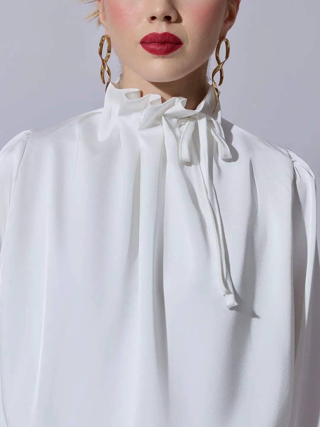 Women's White Satin Ruffled High Neck Balloon Crop Top - from SHOWOFFFF