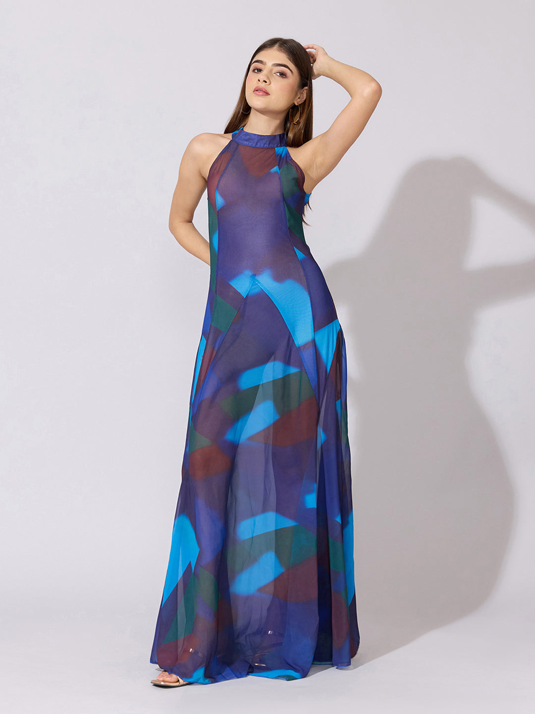 Women's Abstract Blue Halter Neck Sheer Maxi Dress
