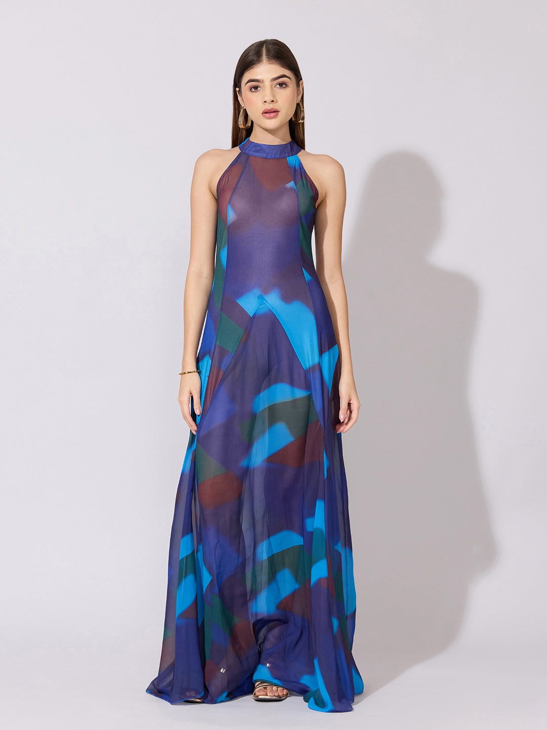 Women's Abstract Blue Halter Neck Sheer Maxi Dress
