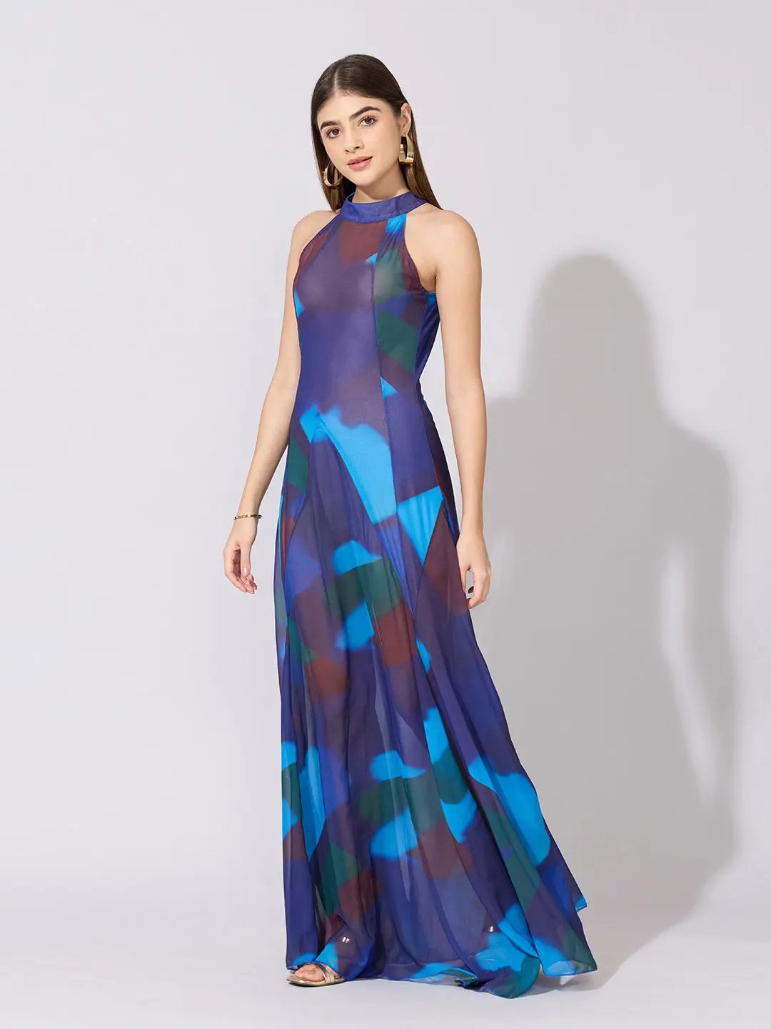 SHOWOFFFF Edition Women's Abstract Blue Halter Neck Sheer Maxi Dress SHOWOFFFF Edition Women's Abstract Blue Halter Neck Sheer Maxi Dress