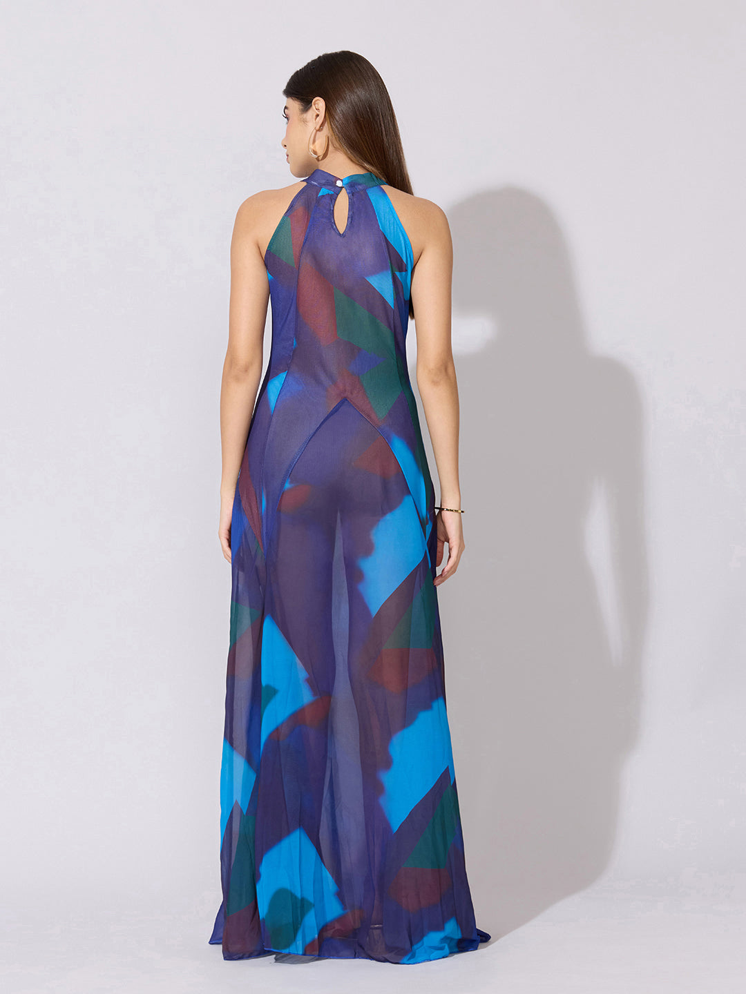 Women's Abstract Blue Halter Neck Sheer Maxi Dress