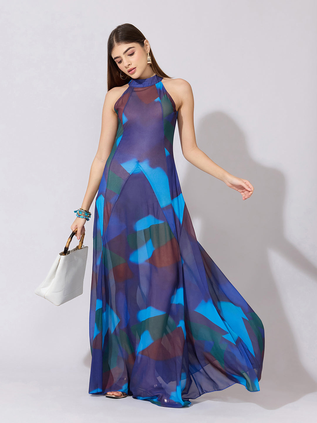 Women's Abstract Blue Halter Neck Sheer Maxi Dress