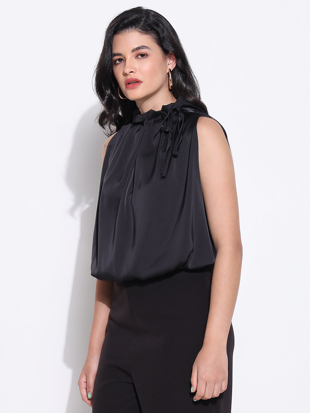 Women Black Solid Blouson Top