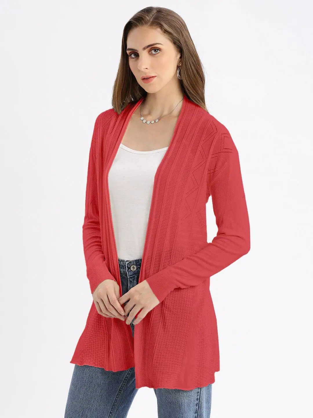 Women's Textured Coral Open-Front Long Shrug - from SHOWOFFFF