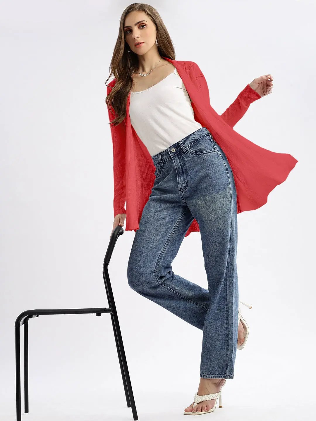 Women's Textured Coral Open-Front Long Shrug - from SHOWOFFFF