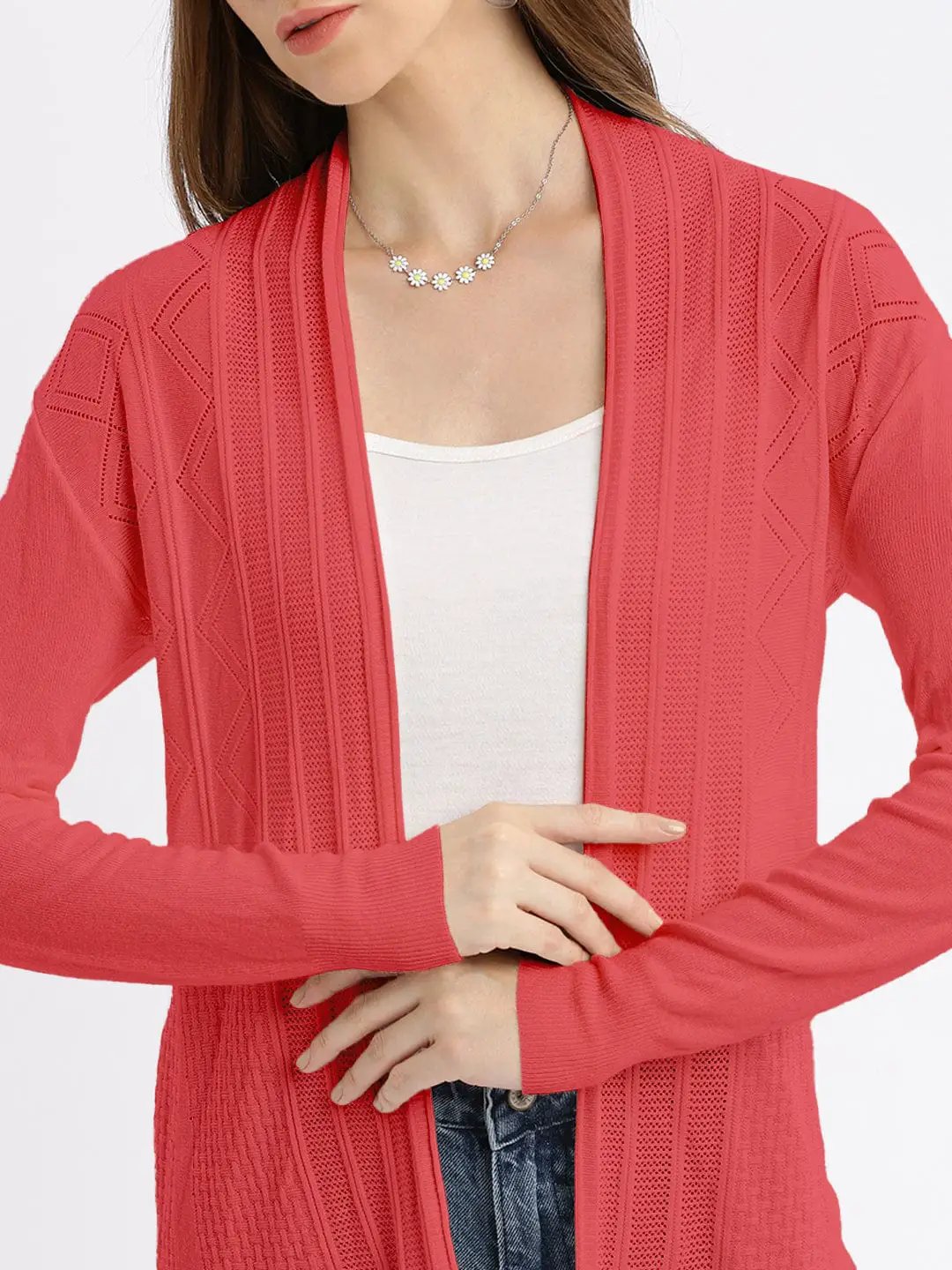 Women's Textured Coral Open-Front Long Shrug - from SHOWOFFFF