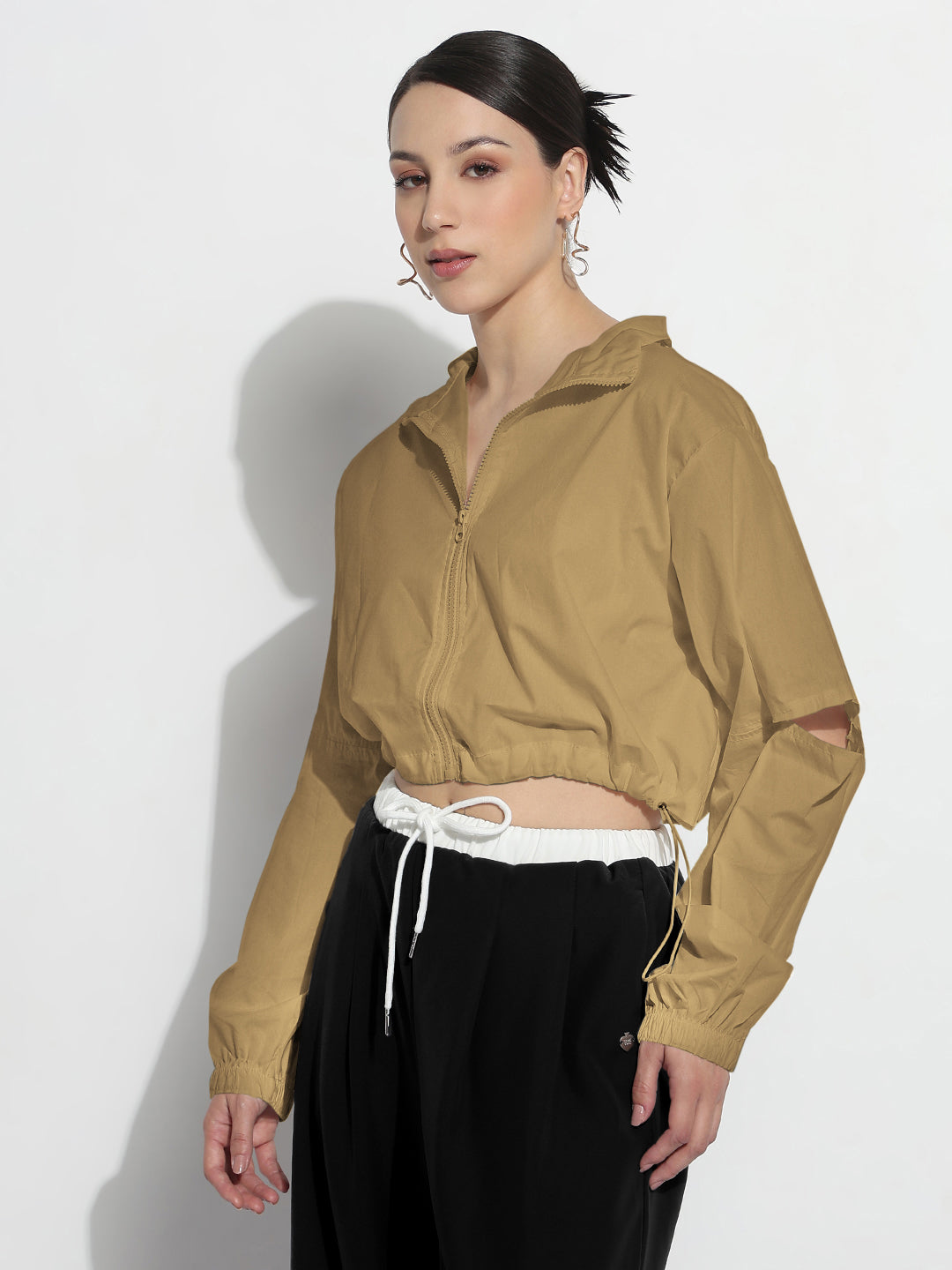 Women's Khaki Shirt Collar Crop Tailored Jacket with Slit Sleeve Details