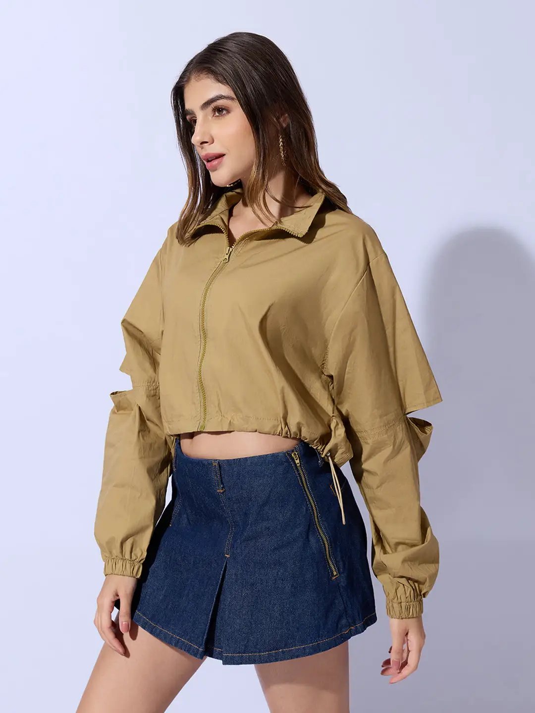 Women's Khaki Shirt Collar Crop Tailored Jacket with Slit Sleeve Details - Uncategorized from SHOWOFFFF