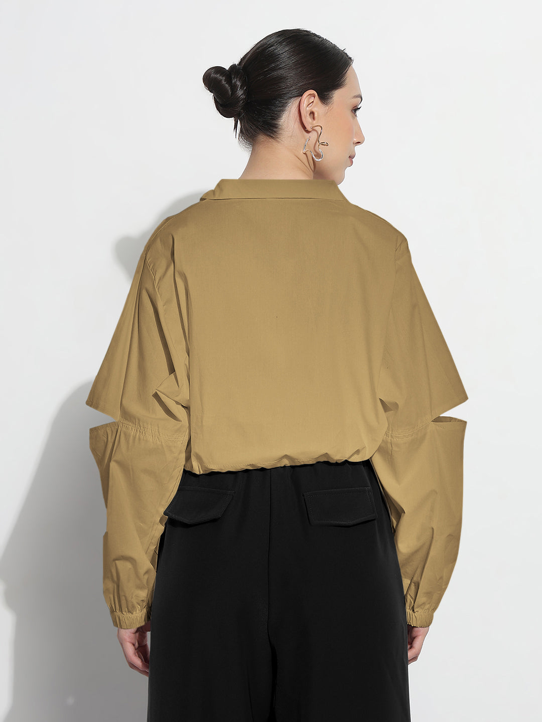 Women's Khaki Shirt Collar Crop Tailored Jacket with Slit Sleeve Details