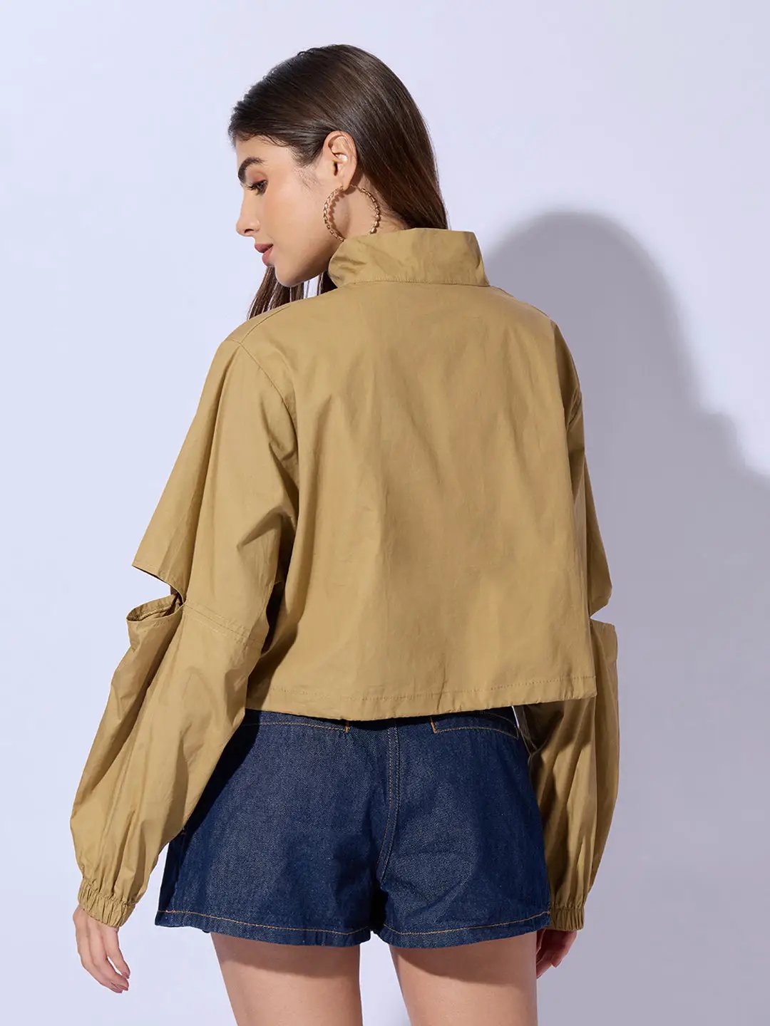 Women's Khaki Shirt Collar Crop Tailored Jacket with Slit Sleeve Details - Uncategorized from SHOWOFFFF