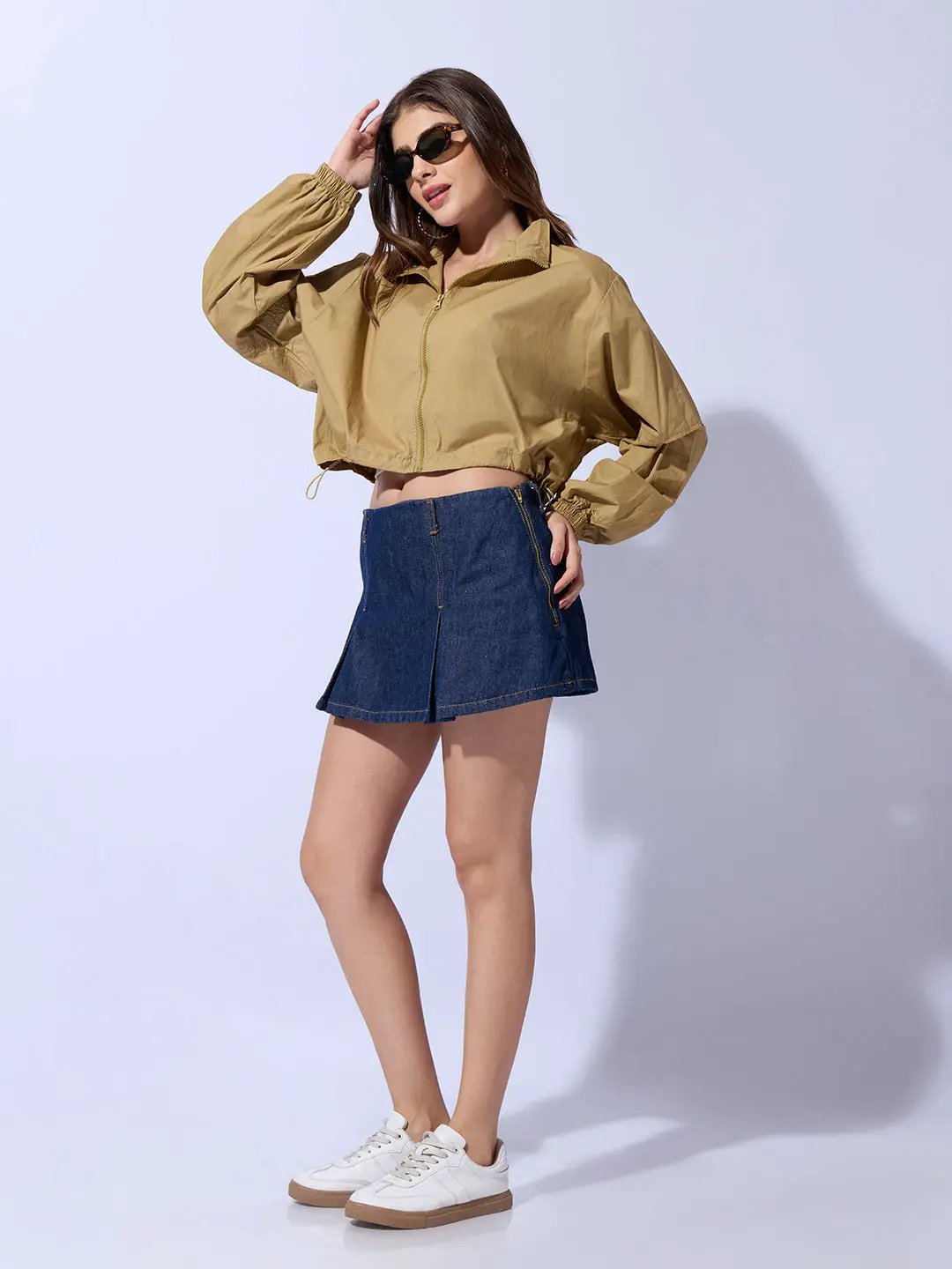 Women's Khaki Shirt Collar Crop Tailored Jacket with Slit Sleeve Details - Uncategorized from SHOWOFFFF