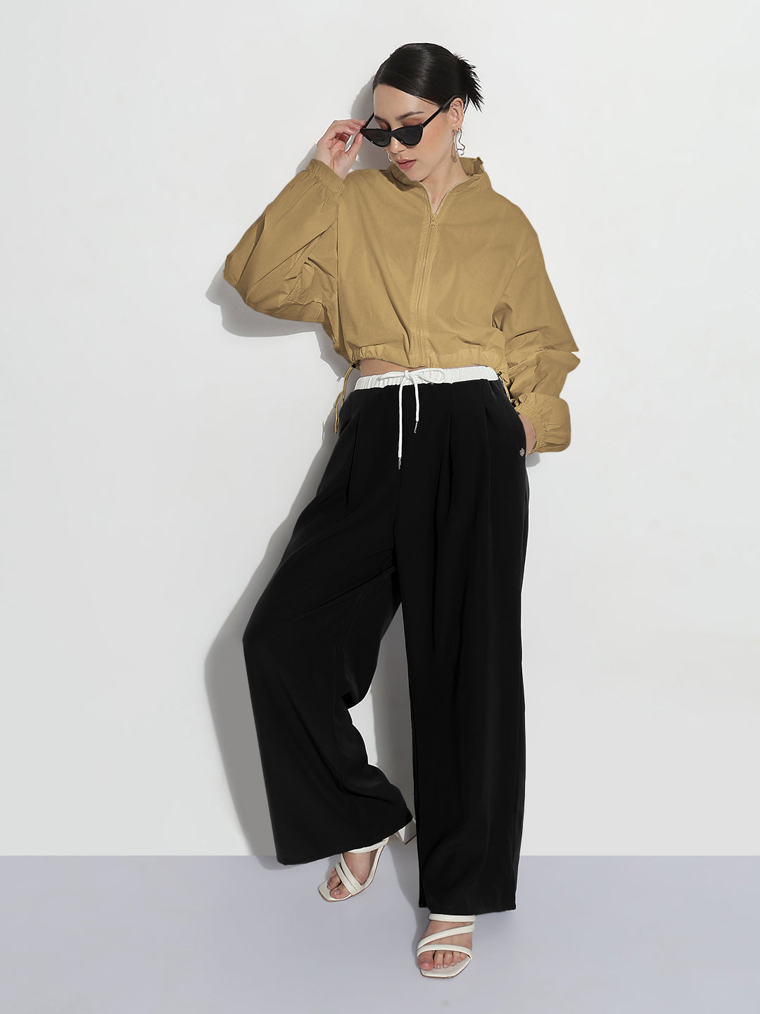 Women's Khaki Shirt Collar Crop Tailored Jacket with Slit Sleeve Details