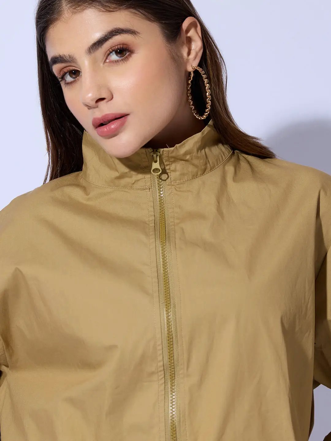 Women's Khaki Shirt Collar Crop Tailored Jacket with Slit Sleeve Details - Uncategorized from SHOWOFFFF