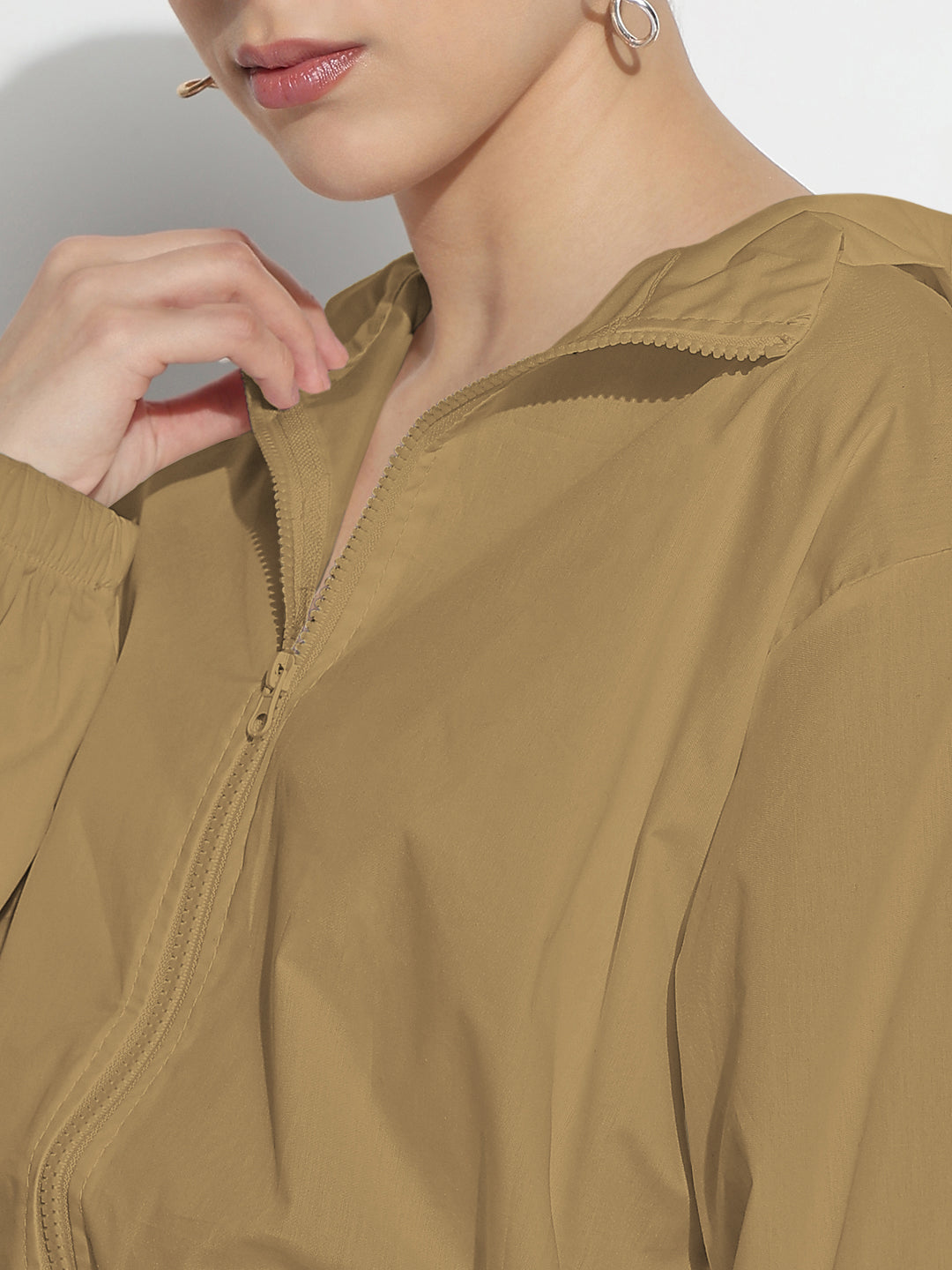 Women's Khaki Shirt Collar Crop Tailored Jacket with Slit Sleeve Details