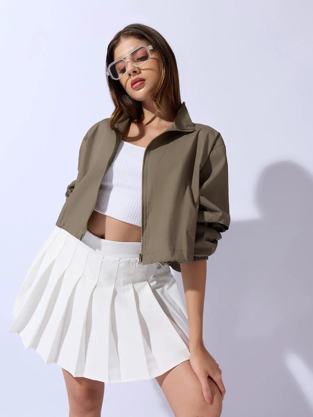 Women's Olive Shirt Collar Crop Tailored Jacket with Slit Sleeve Details - Uncategorized from SHOWOFFFF