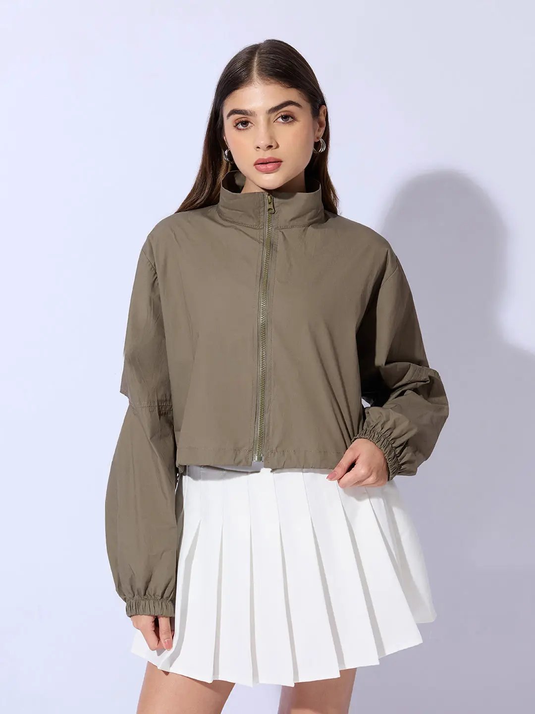 Women's Olive Shirt Collar Crop Tailored Jacket with Slit Sleeve Details - Uncategorized from SHOWOFFFF