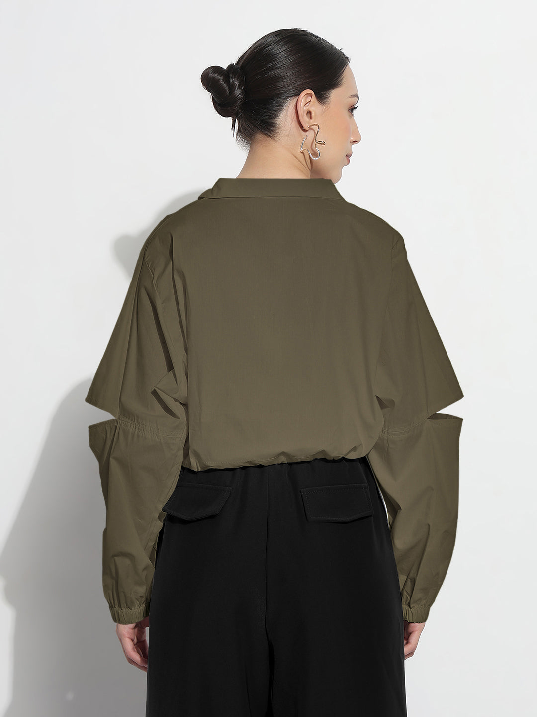Women's Olive Shirt Collar Crop Tailored Jacket with Slit Sleeve Details