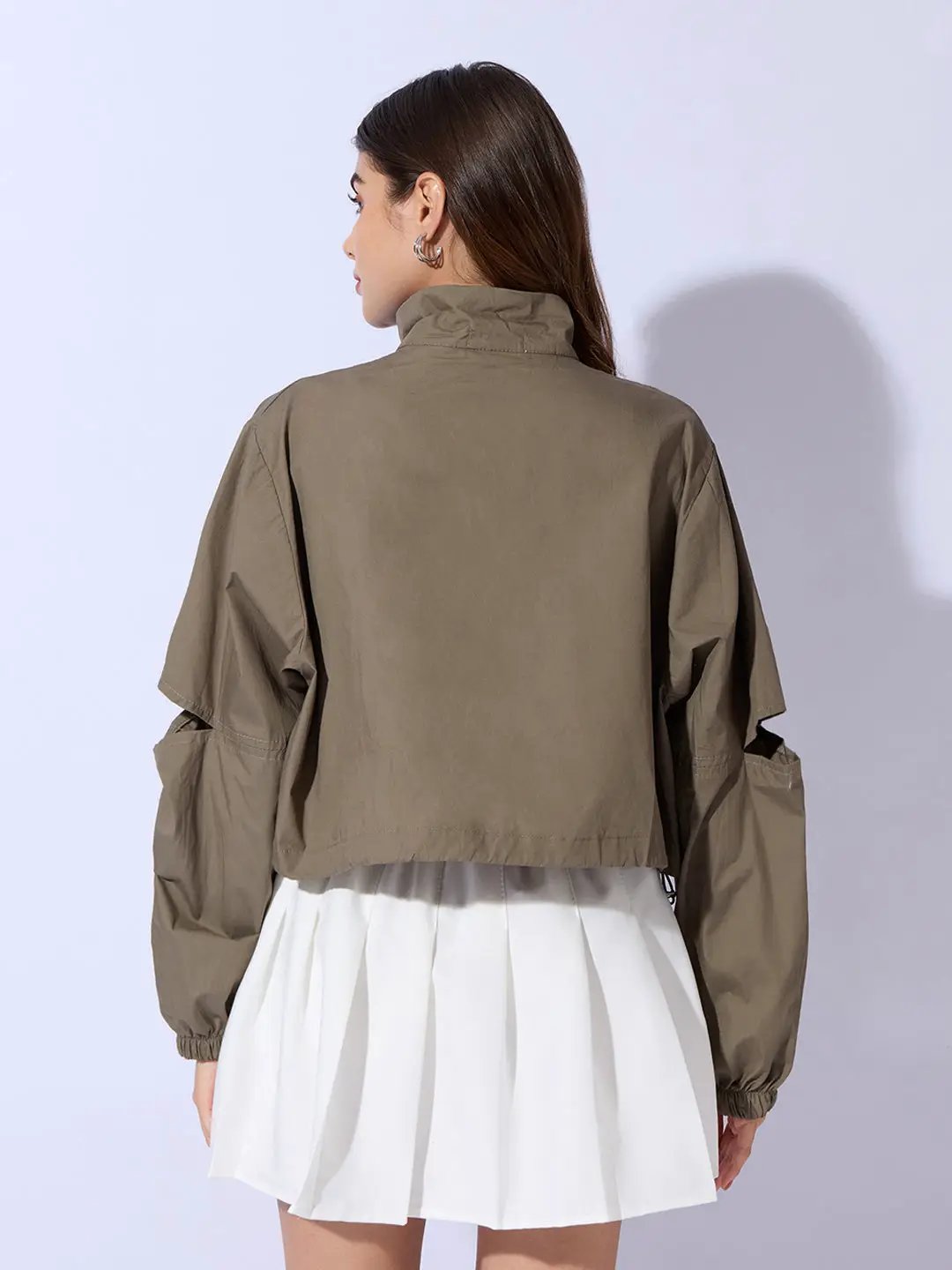 Women's Olive Shirt Collar Crop Tailored Jacket with Slit Sleeve Details - Uncategorized from SHOWOFFFF