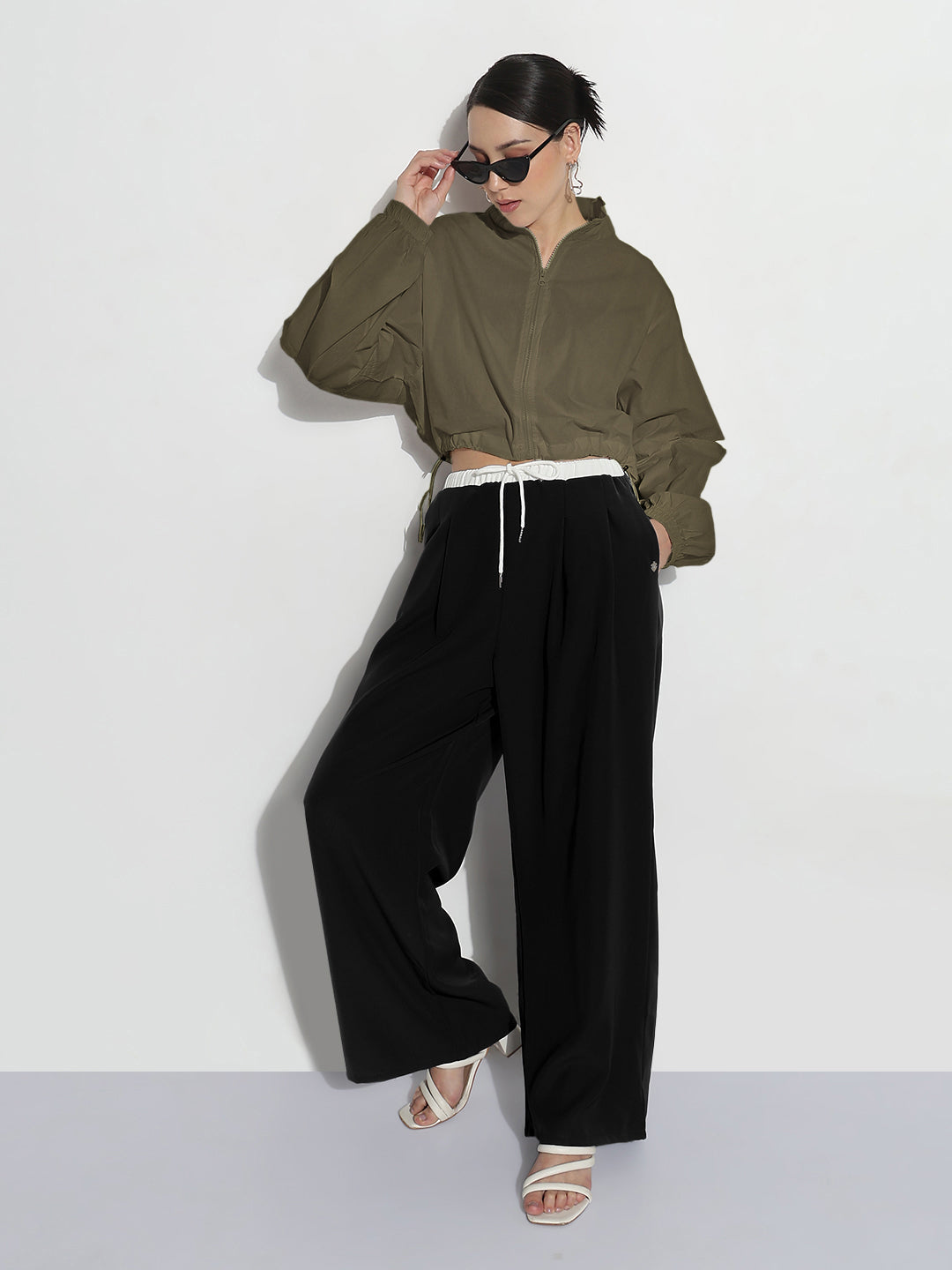Women's Olive Shirt Collar Crop Tailored Jacket with Slit Sleeve Details