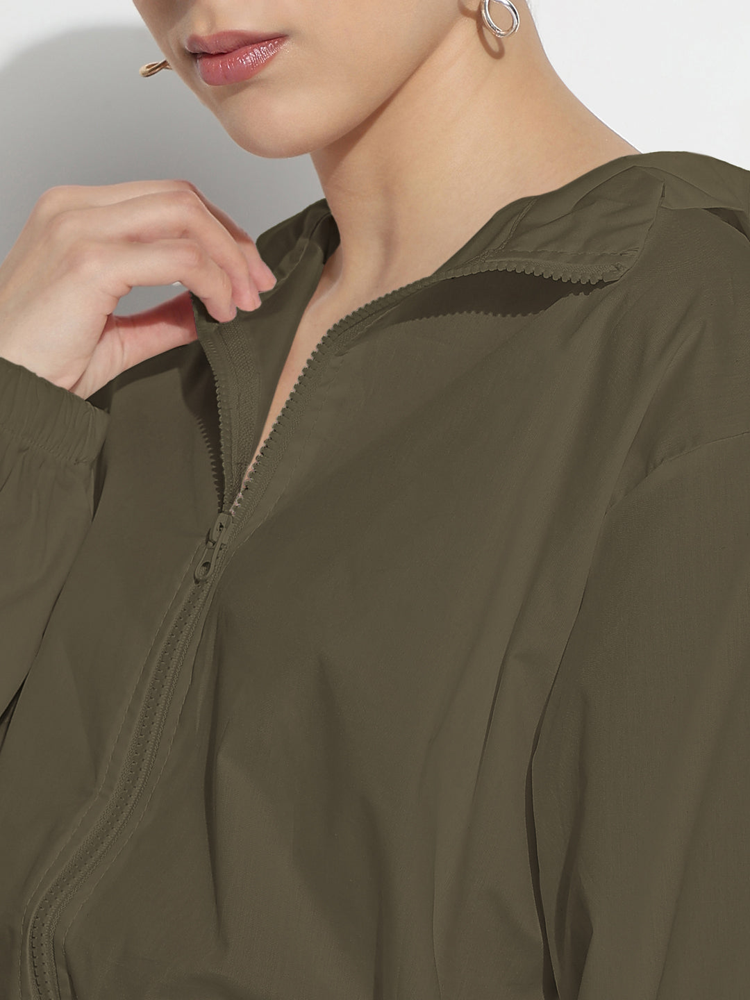 Women's Olive Shirt Collar Crop Tailored Jacket with Slit Sleeve Details