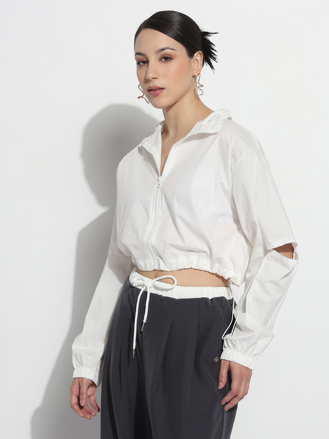Women's White Shirt Collar Crop Tailored Jacket with Slit Sleeve Details