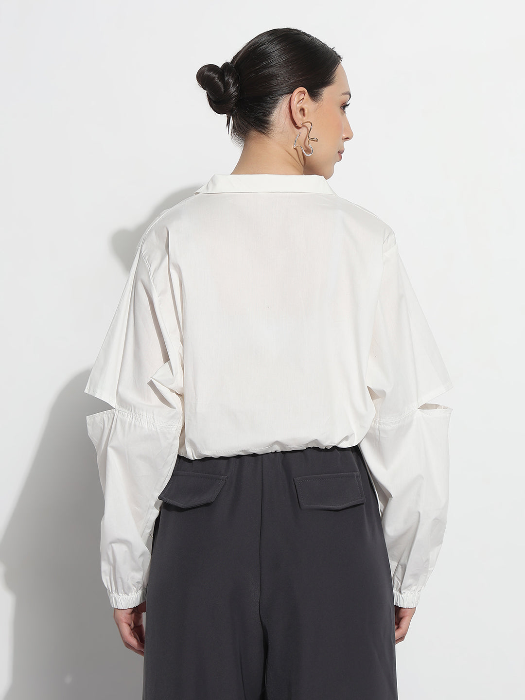 Women's White Shirt Collar Crop Tailored Jacket with Slit Sleeve Details