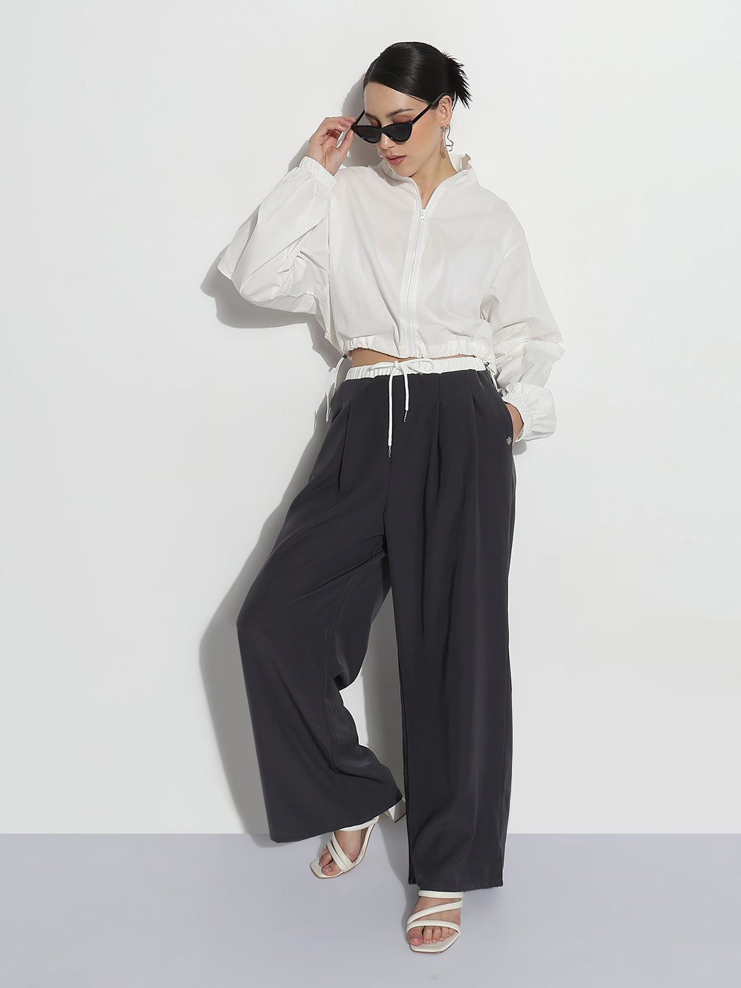 Women's White Shirt Collar Crop Tailored Jacket with Slit Sleeve Details