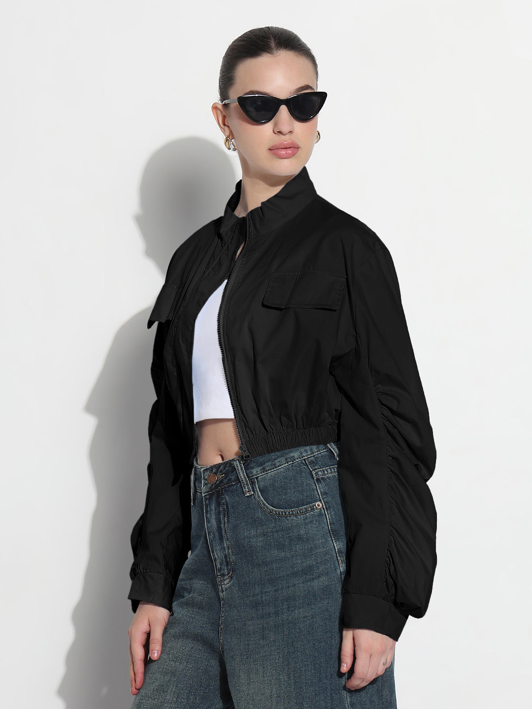Women’s Black Ruched Sleeve Cropped Bomber Jacket