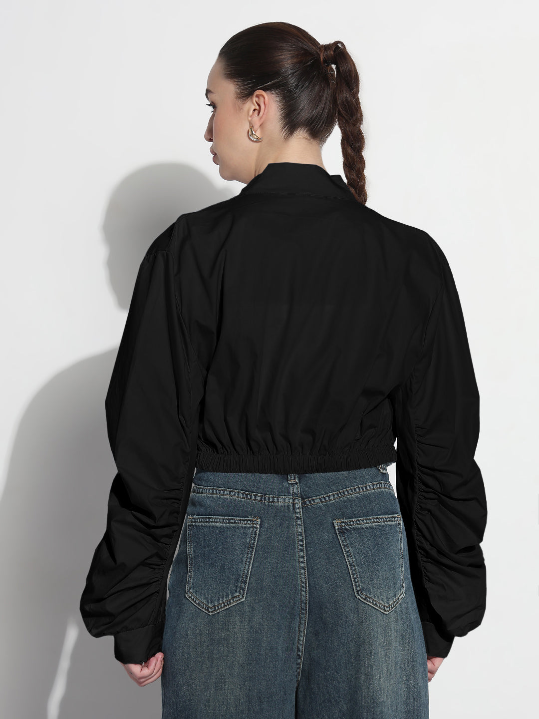 Women’s Black Ruched Sleeve Cropped Bomber Jacket