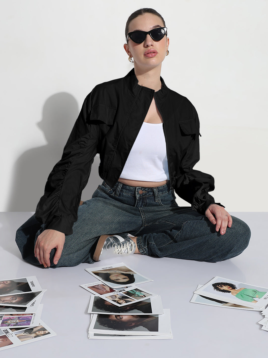 Women’s Black Ruched Sleeve Cropped Bomber Jacket