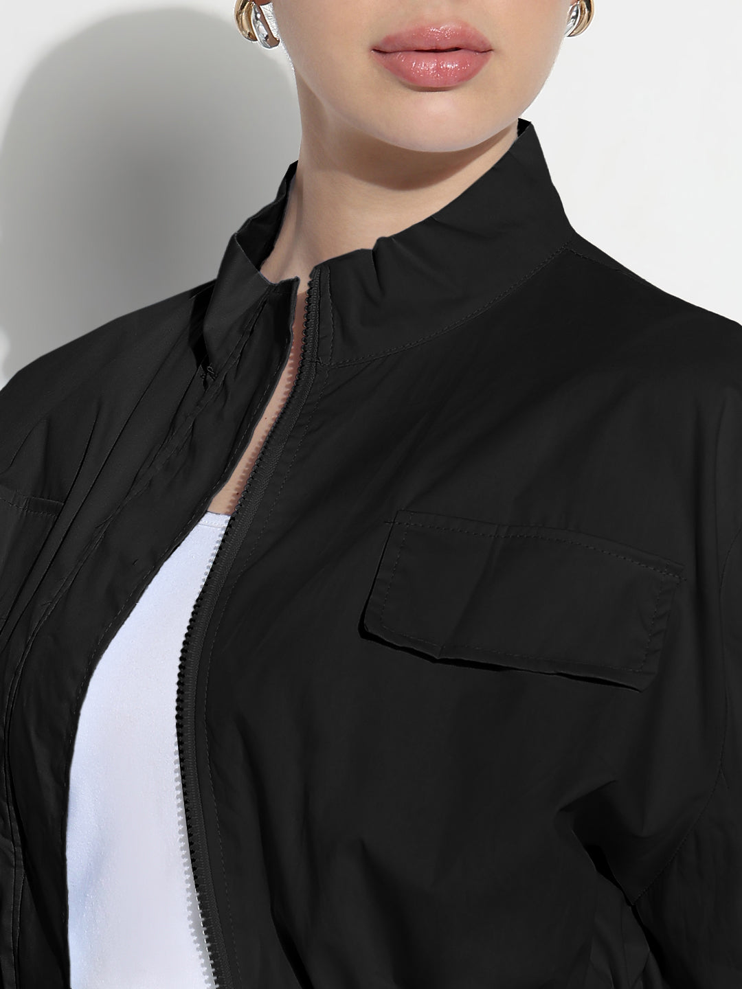 Women’s Black Ruched Sleeve Cropped Bomber Jacket