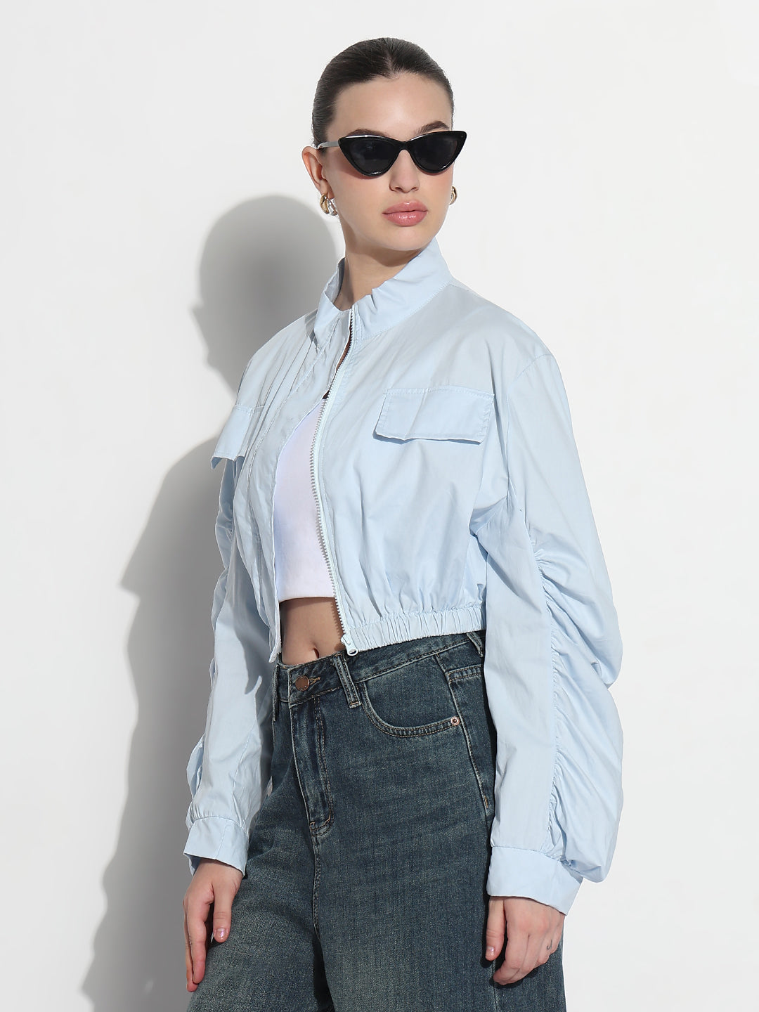 Women’s Blue Ruched Sleeve Cropped Bomber Jacket