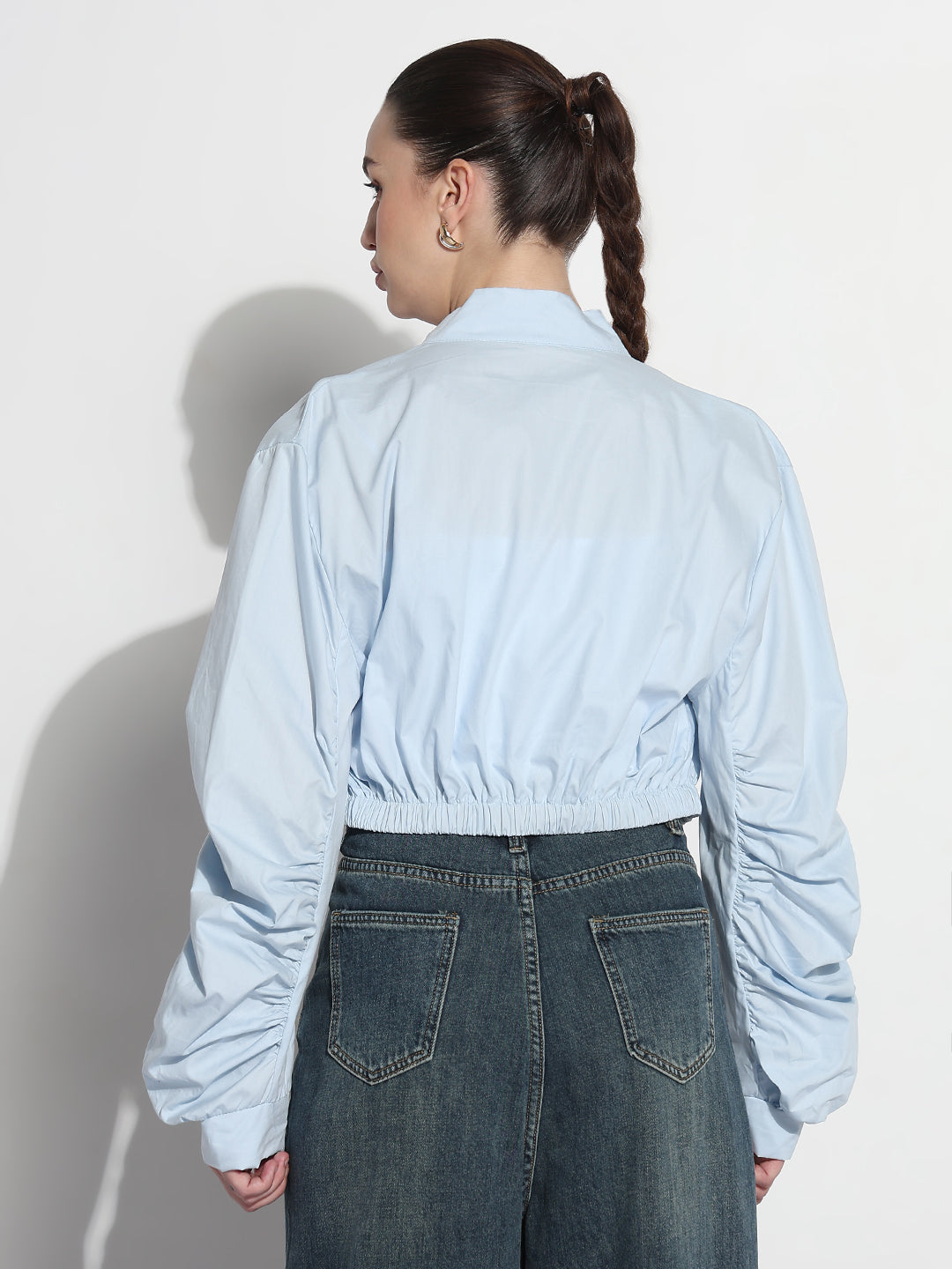 Women’s Blue Ruched Sleeve Cropped Bomber Jacket