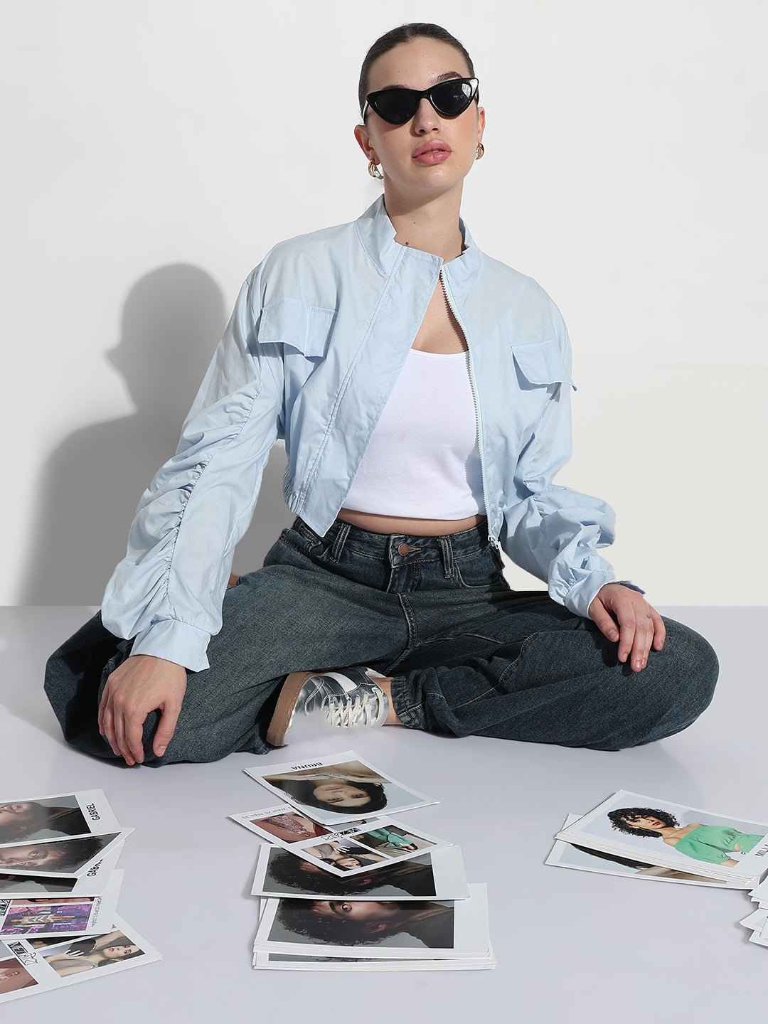 Women’s Blue Ruched Sleeve Cropped Bomber Jacket