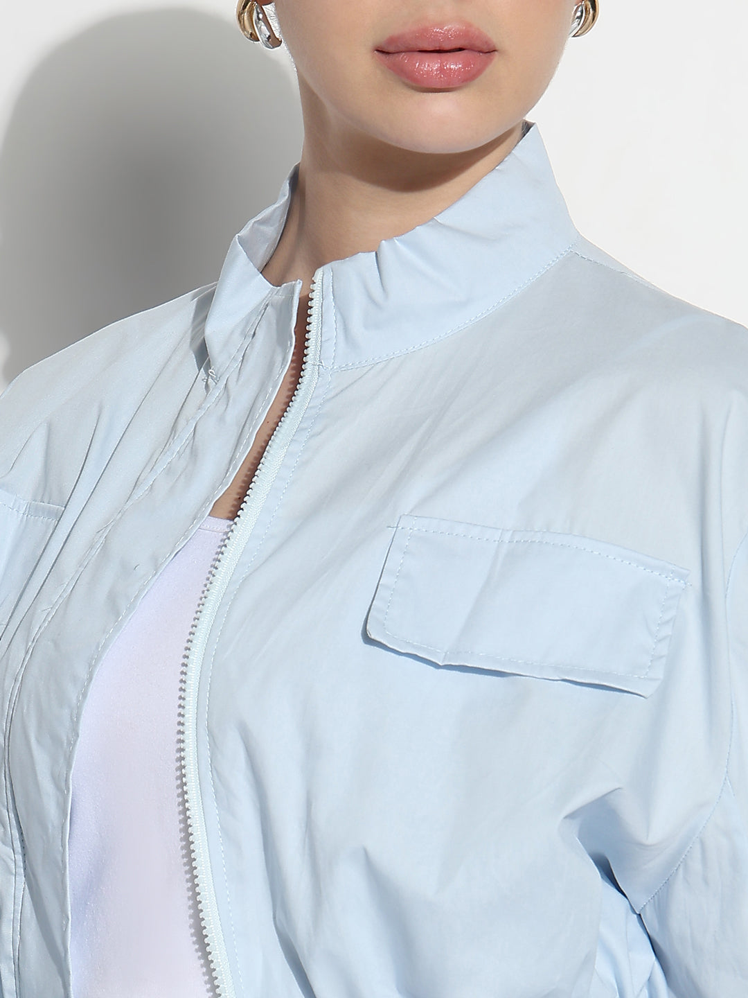 Women’s Blue Ruched Sleeve Cropped Bomber Jacket