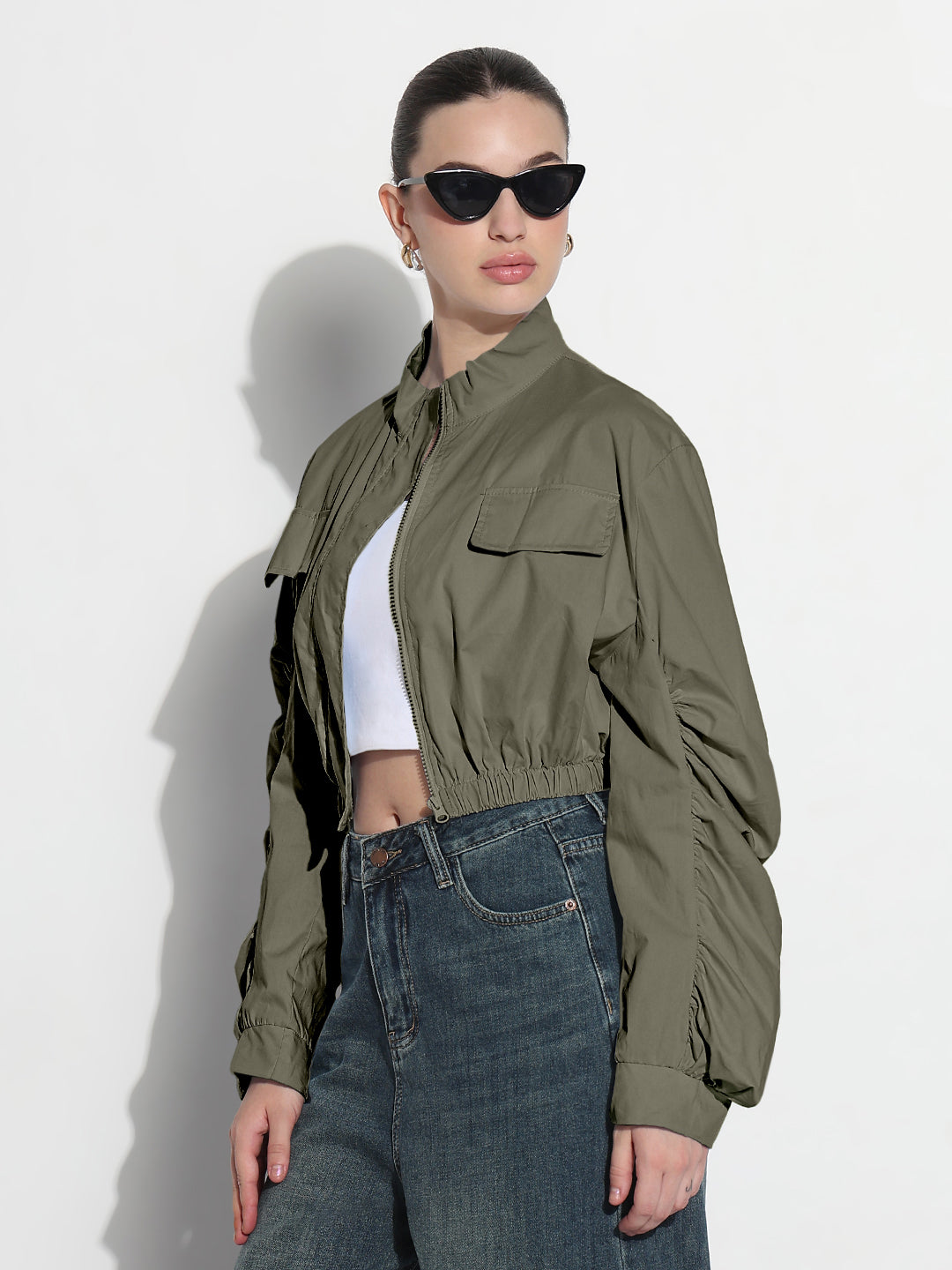 Women's Olive Ruched Sleeve Cropped Bomber Jacket
