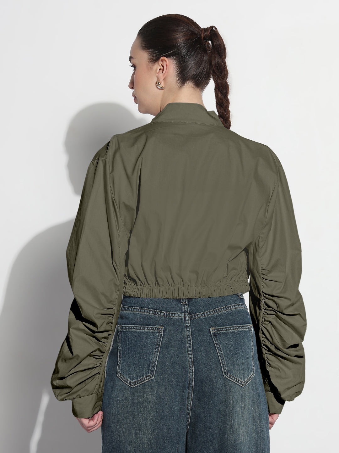 Women's Olive Ruched Sleeve Cropped Bomber Jacket