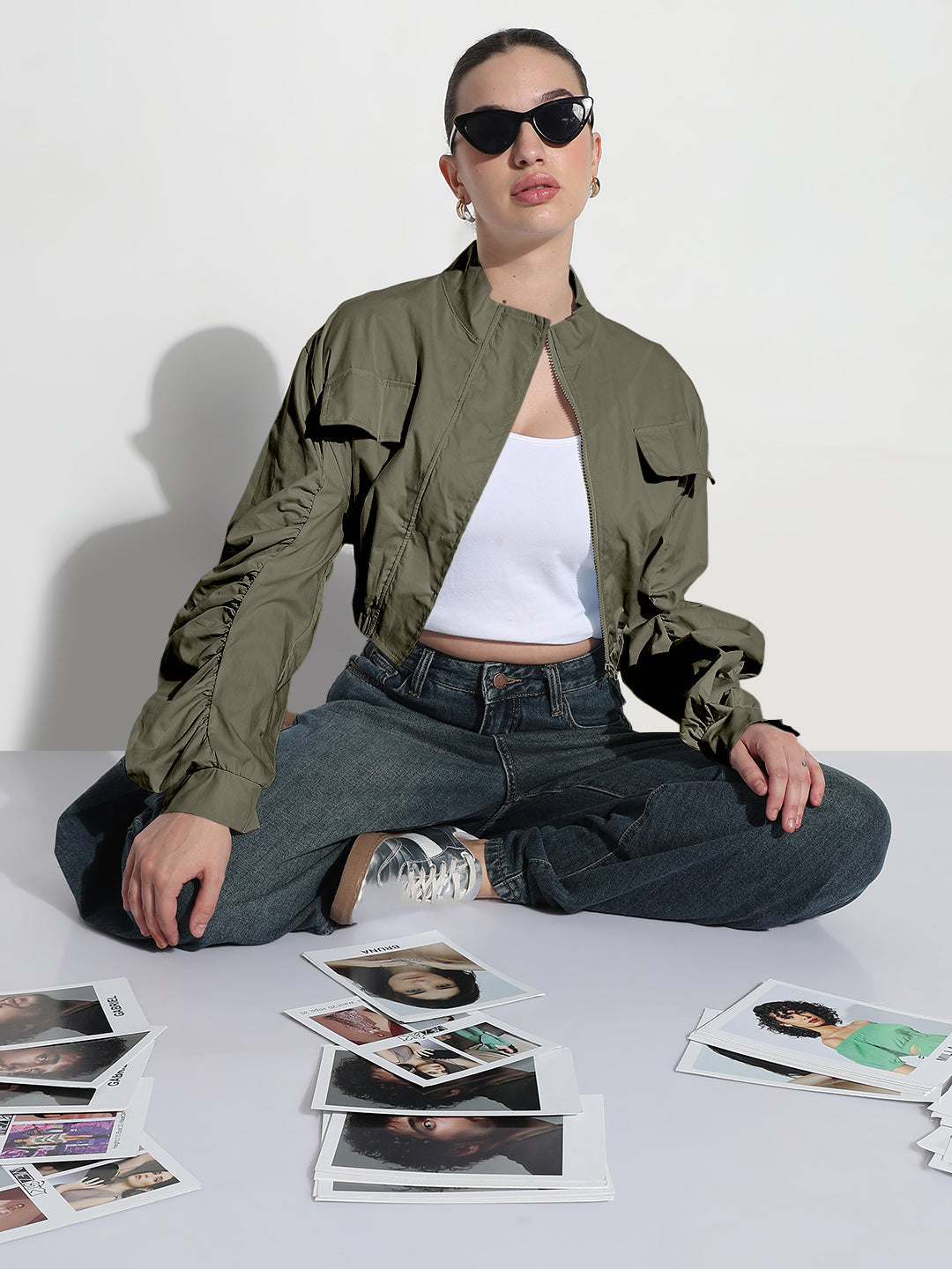 Women's Olive Ruched Sleeve Cropped Bomber Jacket