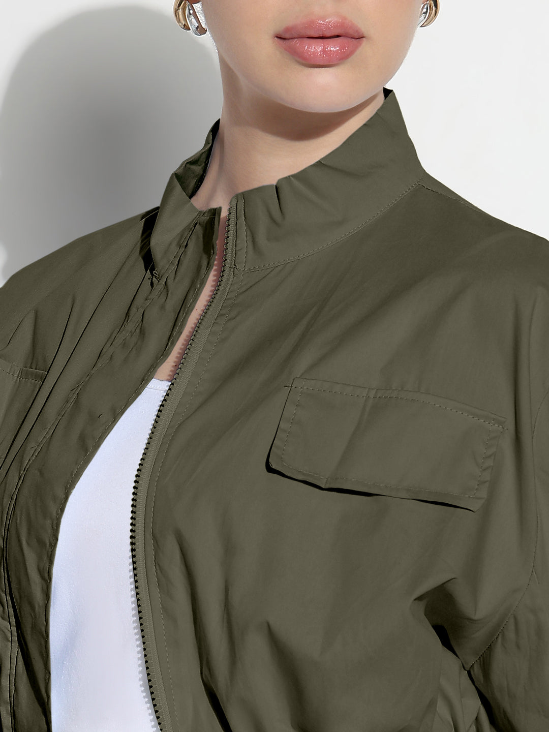 Women's Olive Ruched Sleeve Cropped Bomber Jacket