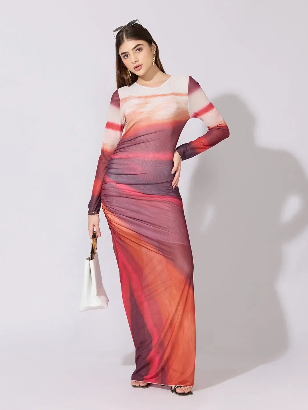 red ruched mesh dress Women's Woman Of Mystery Ruched Mesh Midi Dress in Maroon
