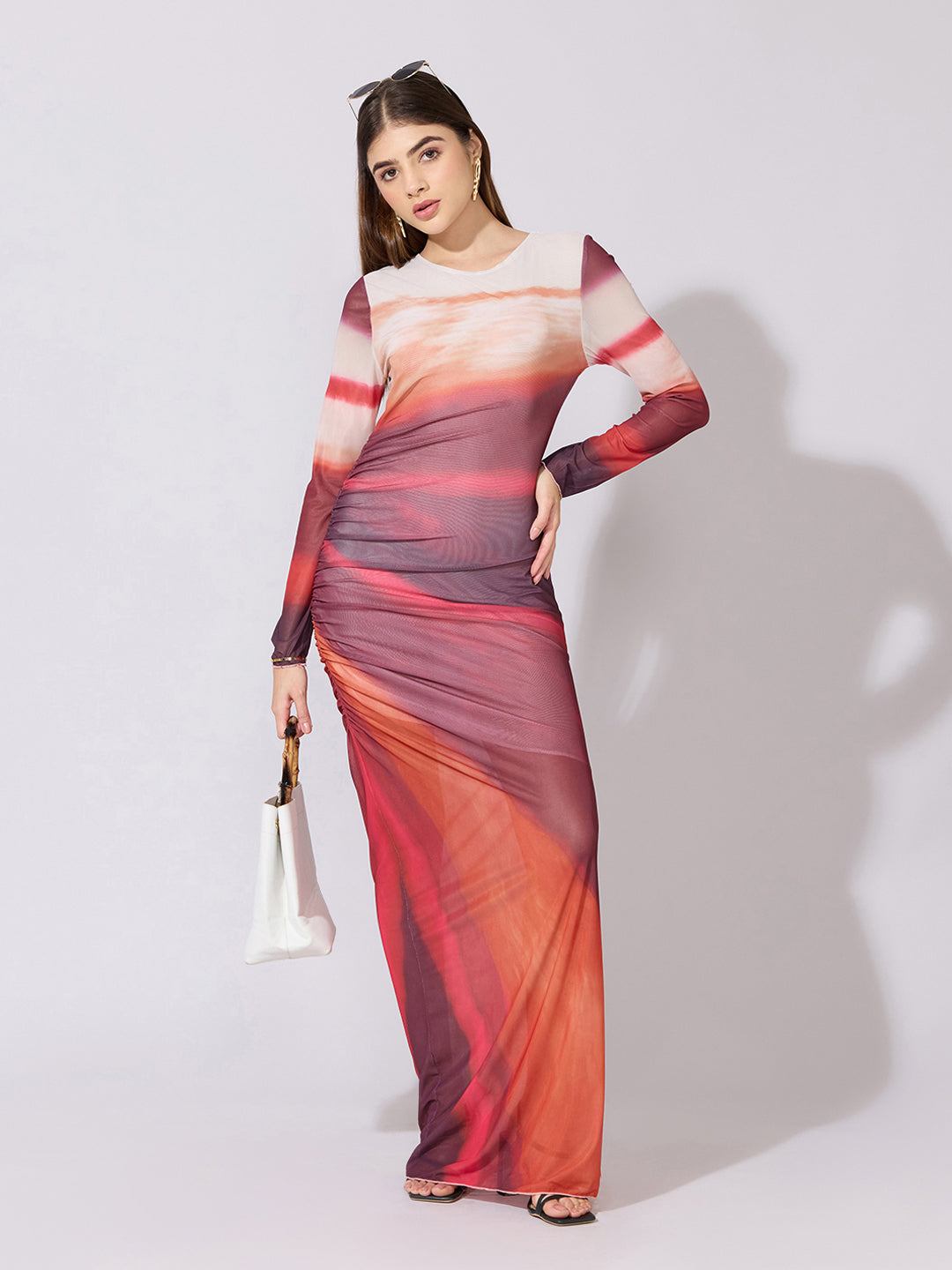 Women's Abstract Red Ruched Bodycon Mesh Dress